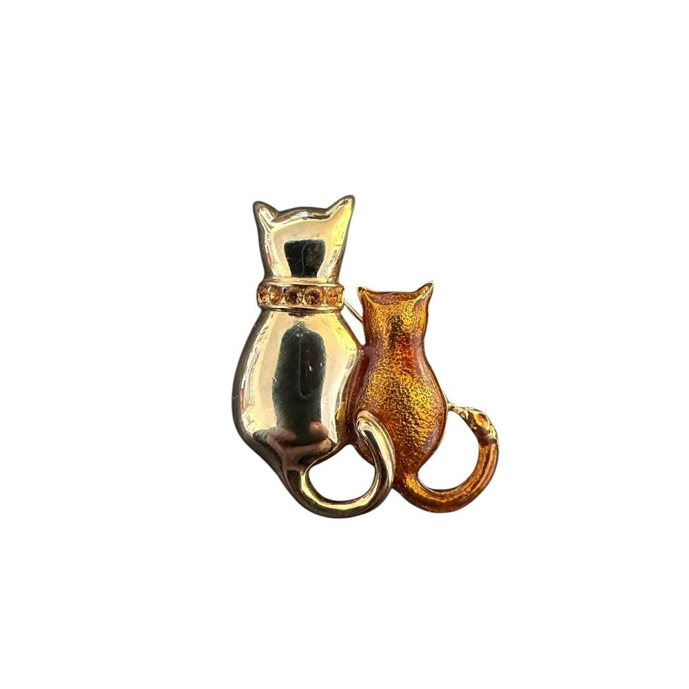 Best Friends Small Gold Tone Cat Brooch Brown Enamel Topaz Rhinestone Collar EUC